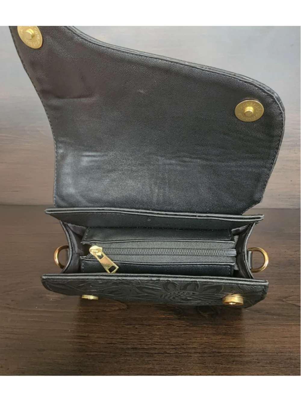 Black Sunflower Embossed Tooled Artisan LEATHER Crossbody Bag Purse Handbag